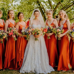 Copper Silk Georgette/Chiffon Bridesmaid Dress With Top Satin | Burnt Orange Boho Bridal Dress Rust Terracotta Full Length Asymmetric Dress
