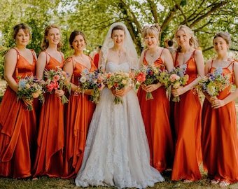 Copper Silk Georgette/Chiffon Bridesmaid Dress With Top Satin | Burnt Orange Boho Bridal Dress Rust Terracotta Full Length Asymmetric Dress