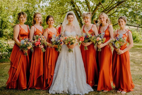 Copper Silk Georgette chiffon Bridesmaid Dress With Top Satin Burnt Orange Boho Bridal Dress Rust Terracotta Full Length Asymmetric Dress Etsy