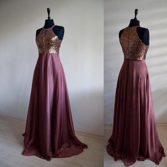 Charming Silk Chiffon With Top Sequin Copper Bridesmaid Dress Etsy