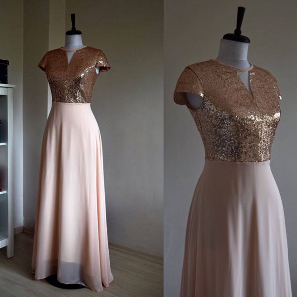 Charming Chiffon With Top Sequin Bridesmaid Dress, Handmade, Blush Pink, Cap Sleeve Full Length Sequin Evening Prom Dress, Wedding Party