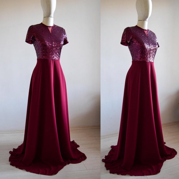 Made To Measure Burgundy Sequin Bridesmaid Maxi Dress  Short Sleeve Sequin Long Maid Of Honor Dress Close Back Mother Of Bride Dress