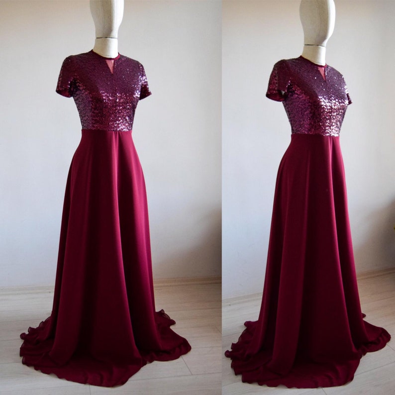 Close Back Dress Short Sleeve Sequin Long MOH Dress Made To Measure Silk Chiffon With Top Sequin Burgundy Bridesmaid Maxi Dress