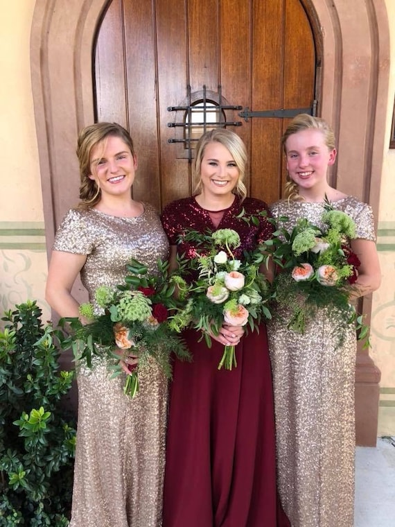 Handmade Chiffon With Top Sequin Burgundy Bridesmaid Dress Short Sleeve Full Length Sequin Sparkly MOH Dress Etsy