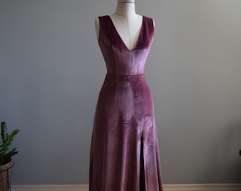 Dusty Pink Bridesmaid Velvet Dress High Quality Fabric Dress Dusty Pink Dress Deep V Open Back Sleeveless With High Slit