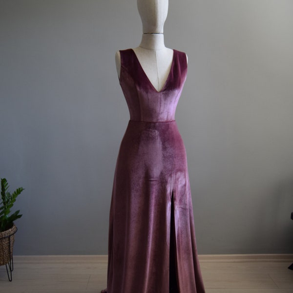 Dusty Pink Bridesmaid Velvet Dress High Quality Fabric Dress Dusty Pink Dress Deep V Open Back Sleeveless With High Slit