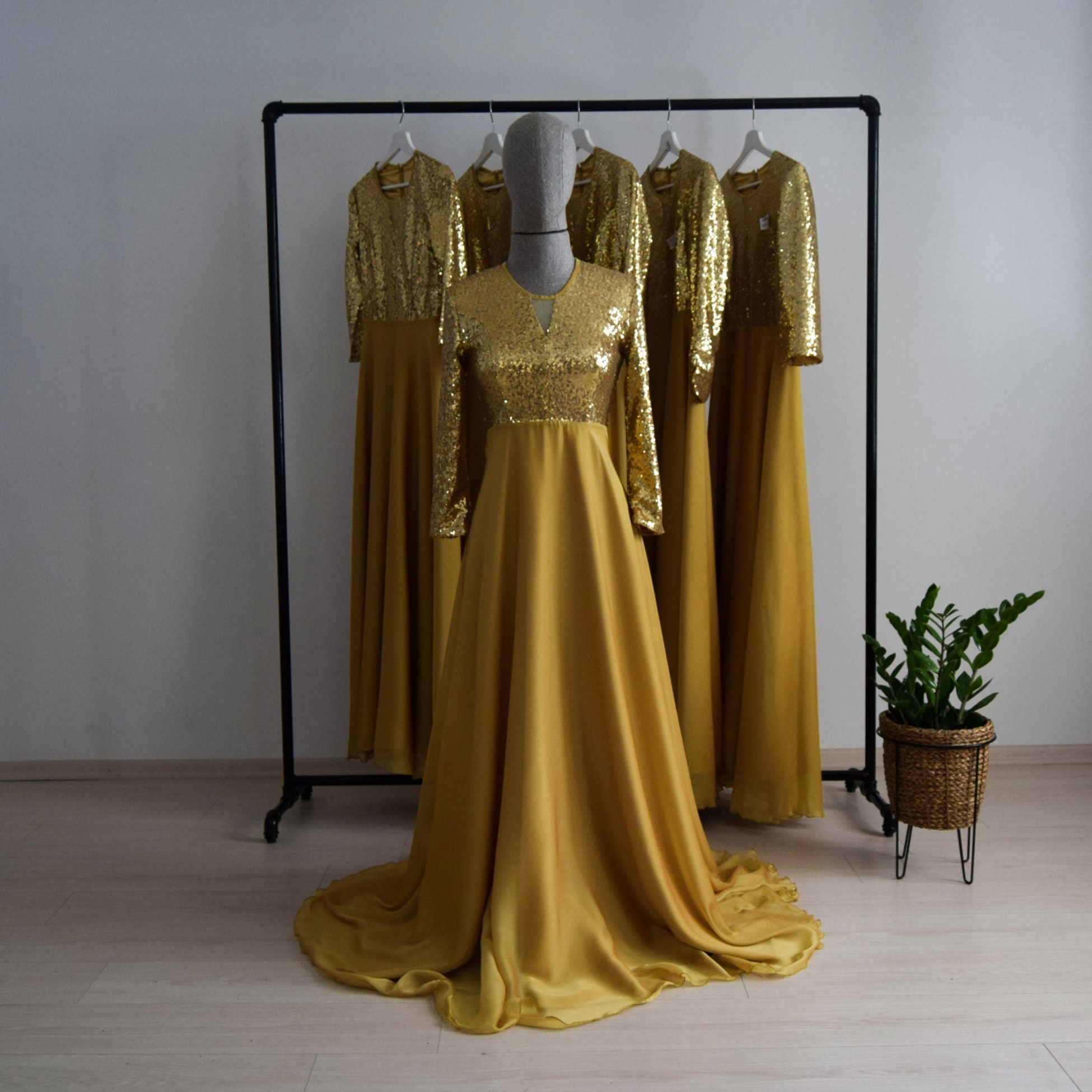 Chiffon with Top Sequin Long Sleeve Gold Bridesmaid Dress Wedding Reception Maid of Honor Sequin Modest Guest Dress