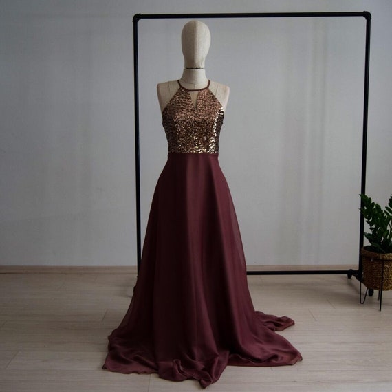 Silk Georgette chiffon With Top Copper Sequin Bridesmaid Dress