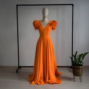 Scarlet Orange Crepe Scoop Neckline Prom Dress With Ostrich Feathers | Custom Made To Your Measurements