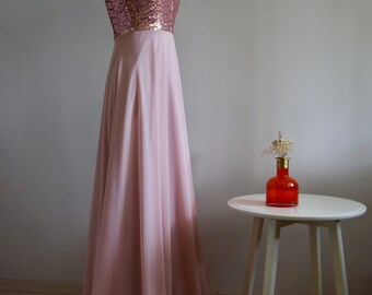 Sequin Rose Gold Bridesmaid Dress: Chiffon A-line Wedding Guest Gown - Etsy