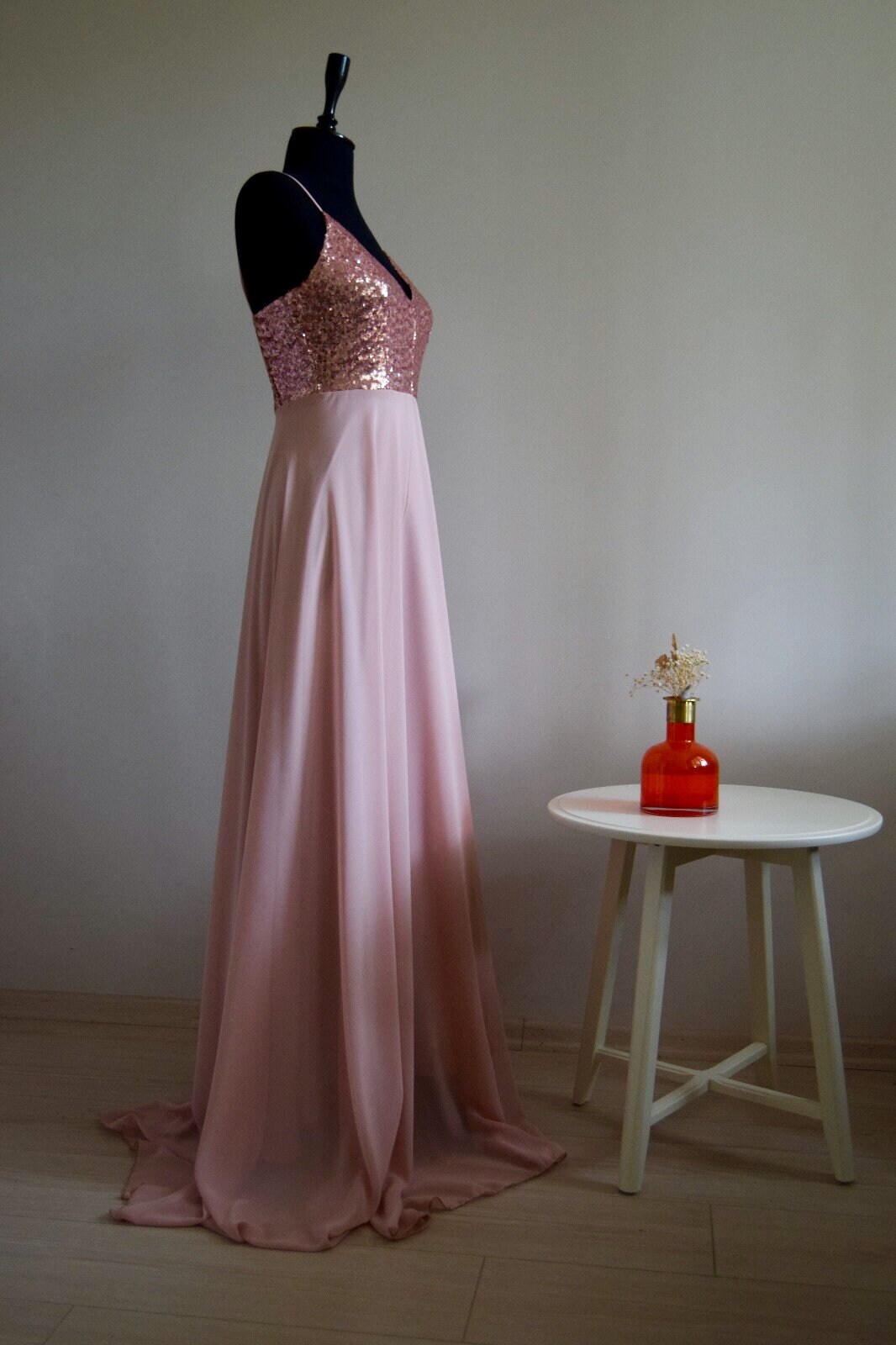 Sequin Rose Gold Bridesmaid Dress: Chiffon A-line Wedding Guest Gown - Etsy