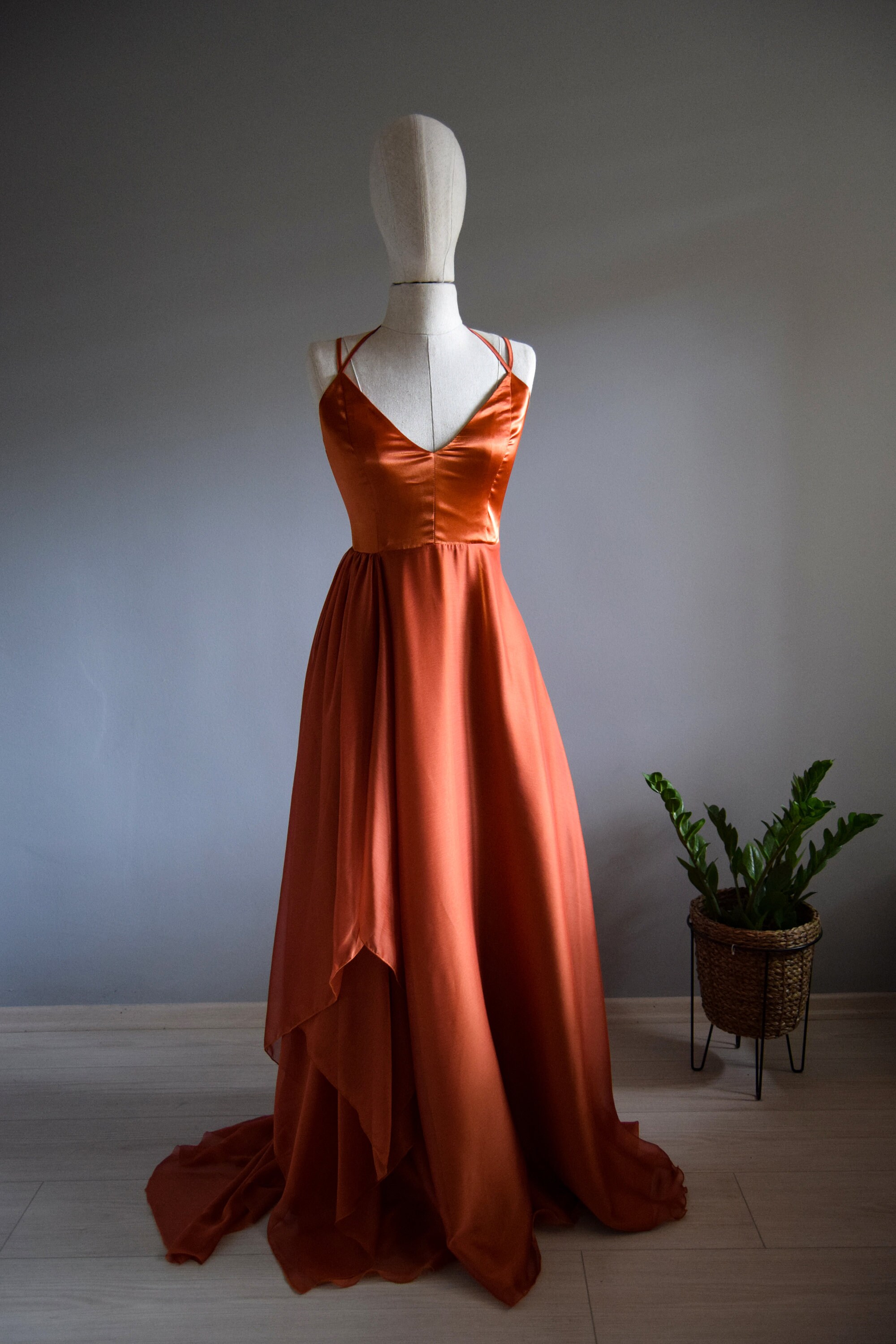 Asymmetric Georgette Chiffon With Top Satin Burnt Orange Bridal