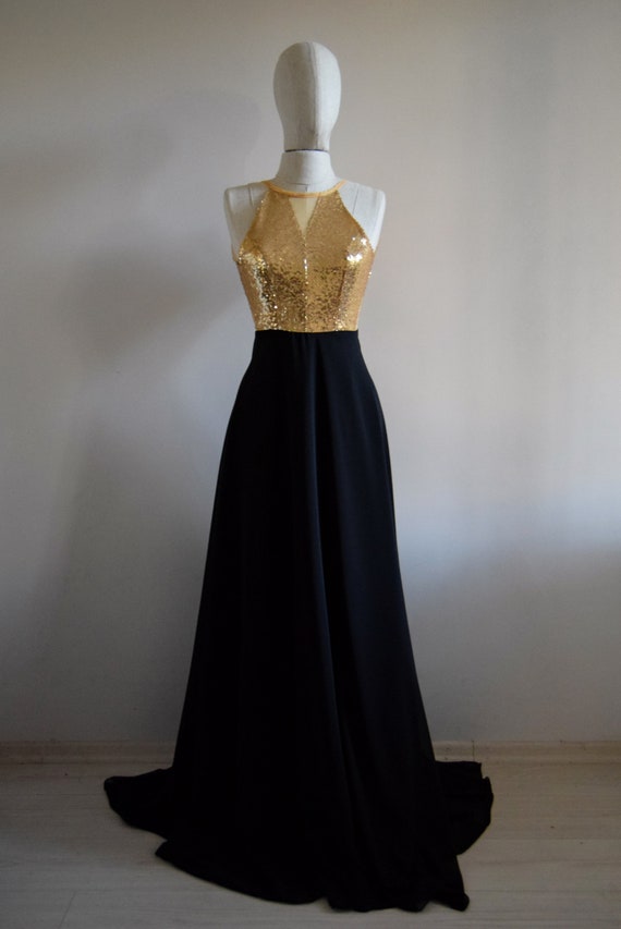 Charming Black Chiffon With Top Gold Sequin Bridesmaid Dress