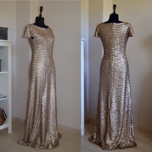 Classic Matt Champagne Sequin Floor Length Bridesmaid Dress, Handmade Short Sleeve Fully Lined Sequin Wedding Party Bridesmaid Dress