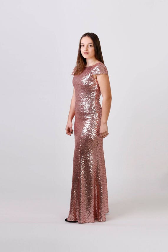 Rose Gold Long Sequins Bridesmaid Dress Handmade Cap Sleeve Fully Lined Floor Length Evening Prom Dress Wedding Party Dress