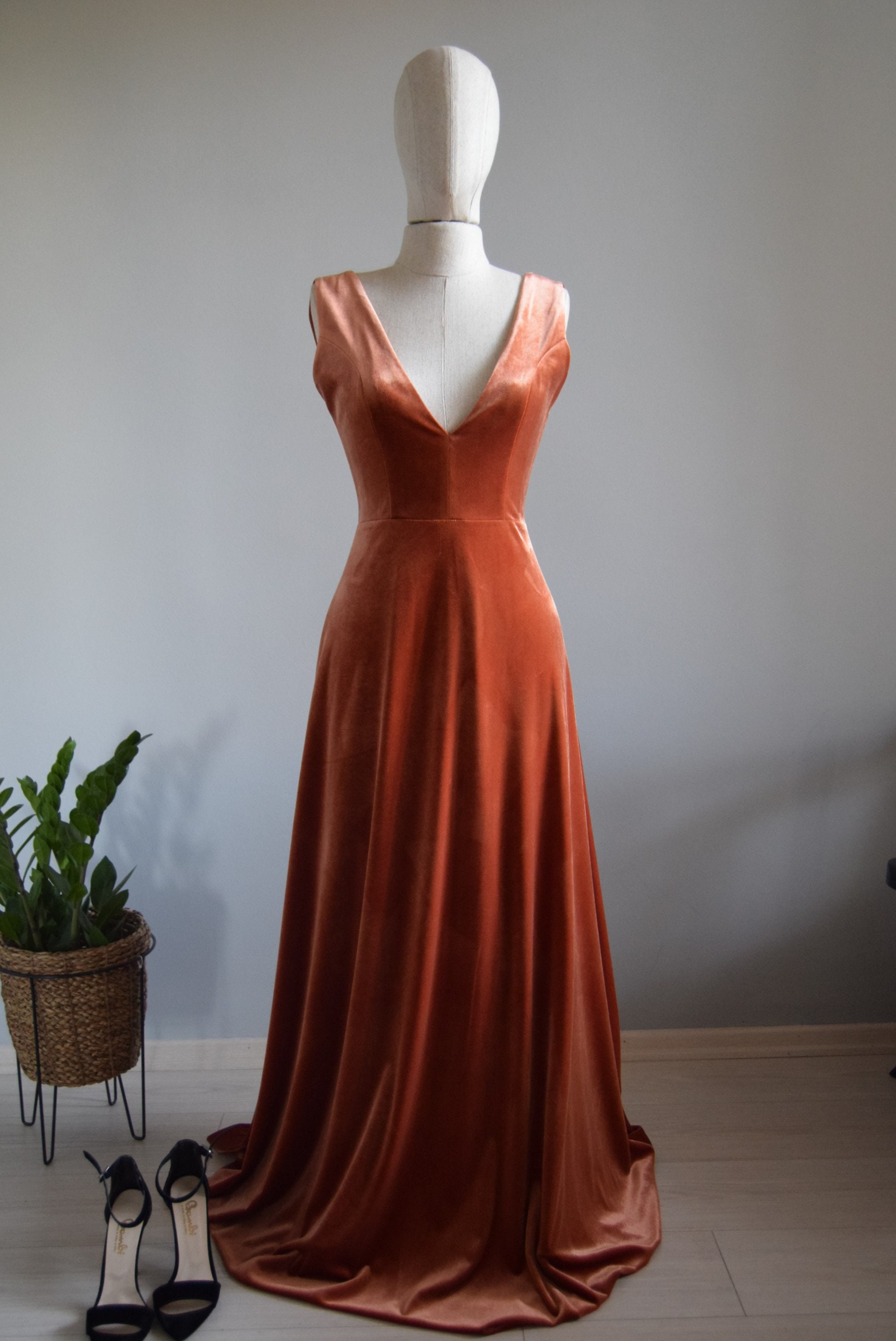 Charming Velvet Bridesmaid Dress in Copper Deep V Strap Back | Etsy