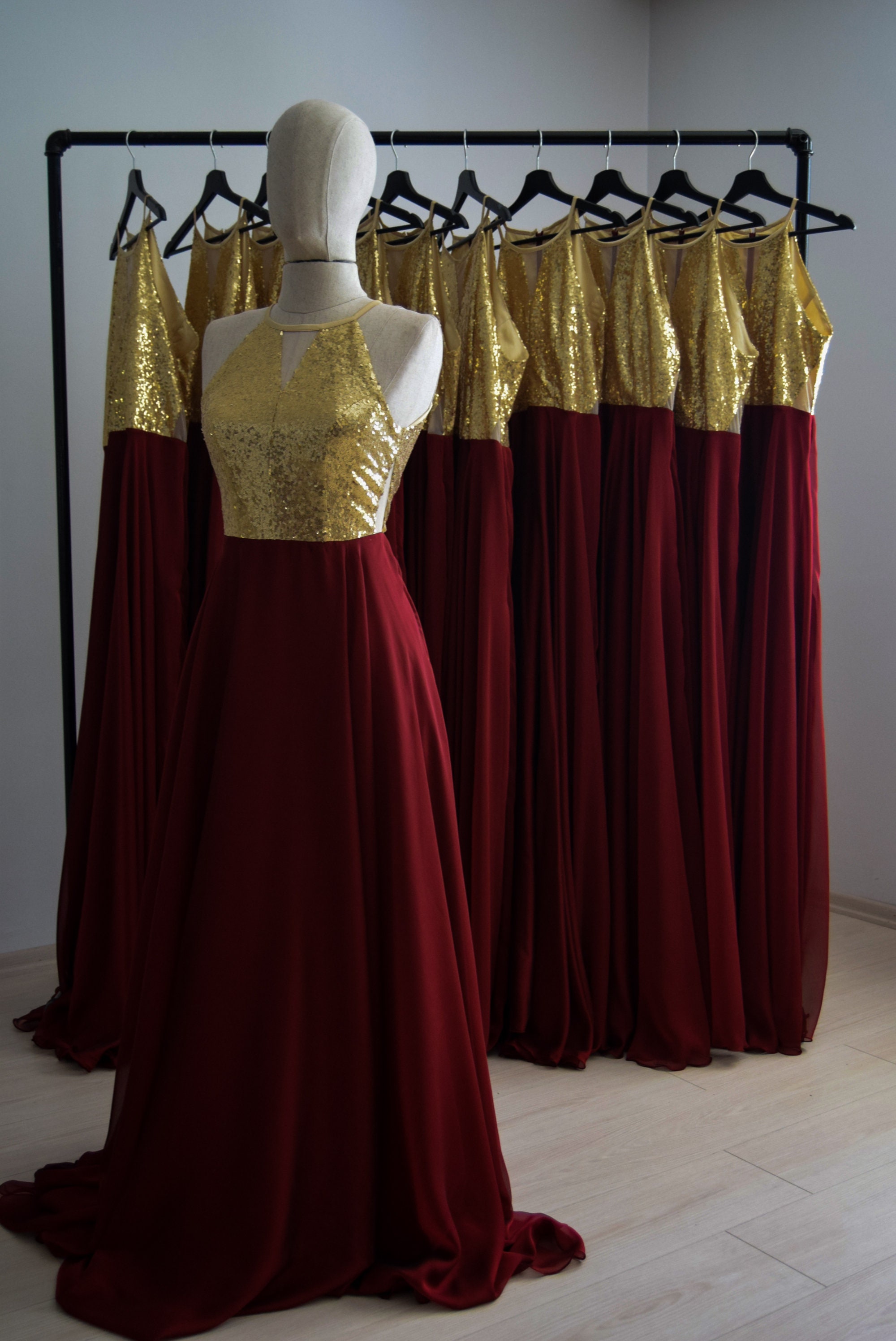Burgundy Silk Georgette/chiffon With Top Sequin Gold