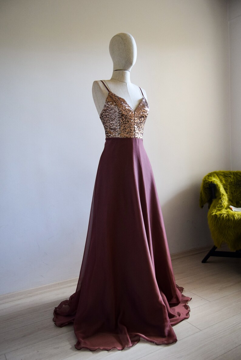 Charming Chiffon With Top Sequin Copper Gold Bridesmaid Dress image 2