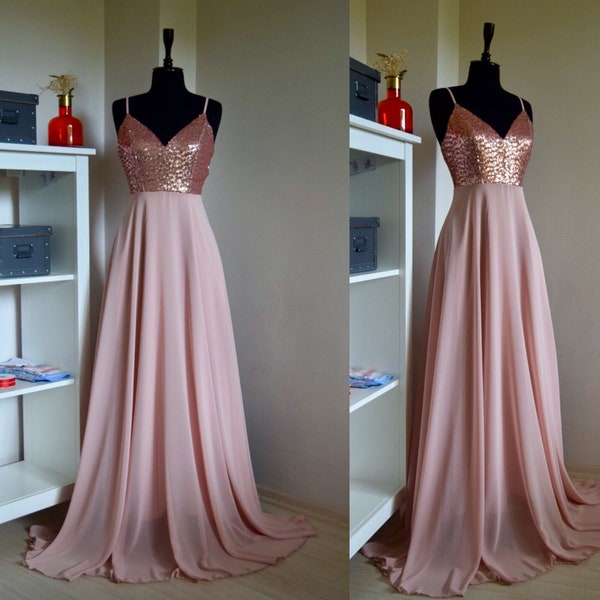 Chiffon With Top Sequin Rose Gold Bridesmaid Dress | Wedding Reception Dress | Sequin Pink Prom Dress | Blush Sequin Maid Of Honor Dress