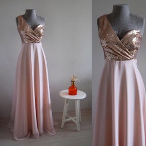 Errötendes Gold-Chiffon mit Top-Pailletten, One-Shoulder-Brautjungfernkleid, Roségold-Pailletten-Glitzerkleid für Trauzeugin