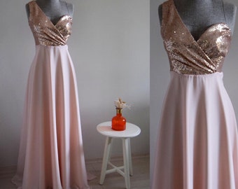 Blush Gold Chiffon With Top Sequin One Shoulder Bridesmaid Dress Rose Gold Sequin Glitter Maid Of Honor Dress