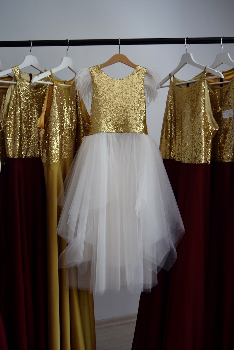 Made To Measure Tulle Flower Girl Dress, Communion Dress Boho Flower Girl Dresses, Gold/White Tulle Flower Girls Dress With Bow imagem 2
