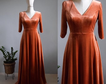 Luxe Velvet 3/4 Sleeve Bridesmaid Dress In Rust Copper | Deep V Neck Line Open Back Wedding Party  Mother Of Bride Dress In Terracotta