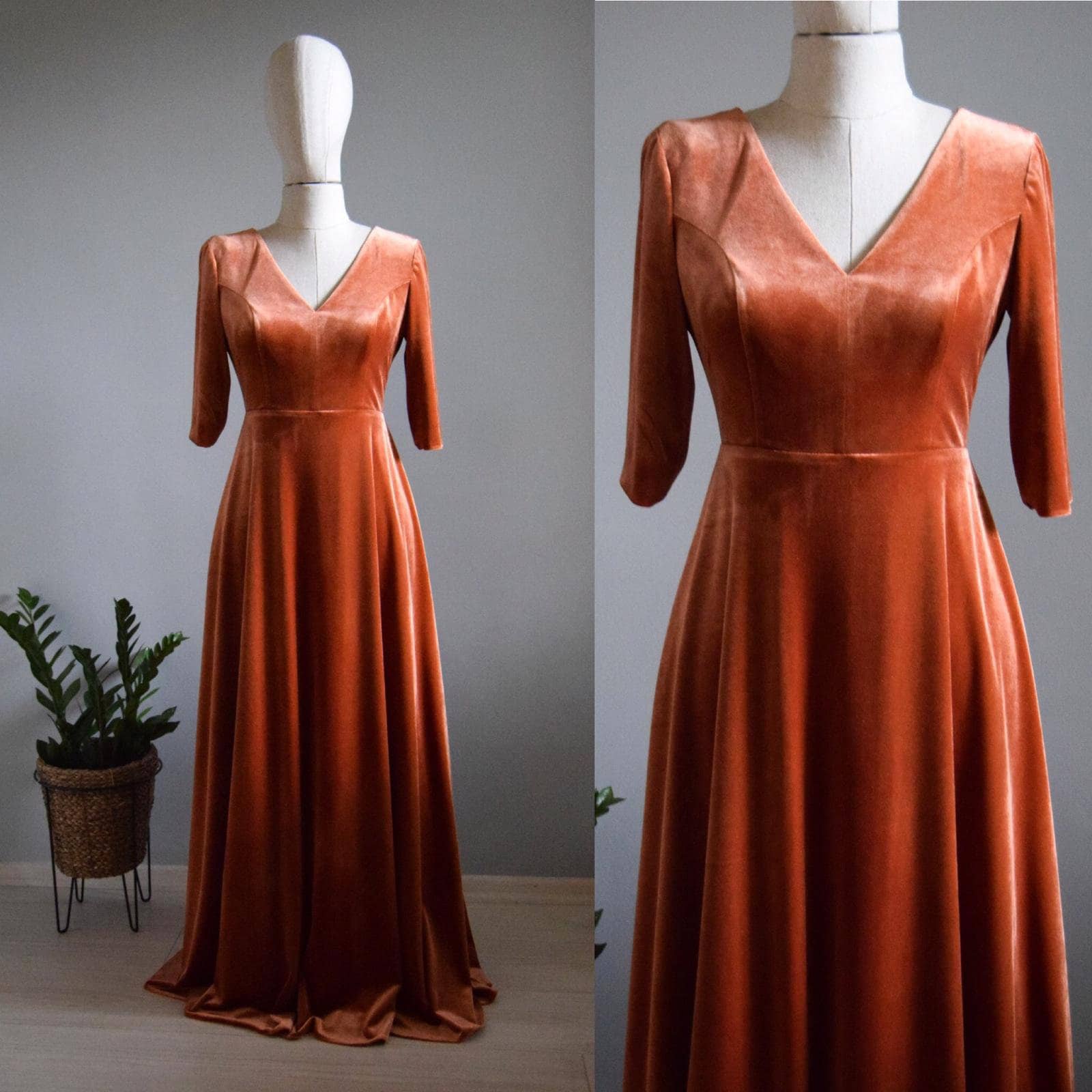 V Neck A Line Velvet Bridesmaid Dress With Slit