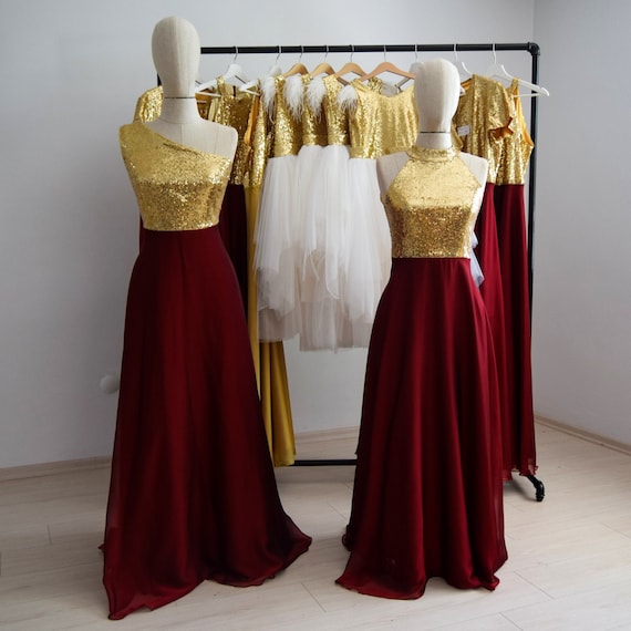 Burgundy Silk Chiffon With Top Gold Sequin Bridesmaid Dress Etsy