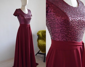 Burgundy Sequin Chiffon Bridesmaid Dress: Wine Wedding Gown