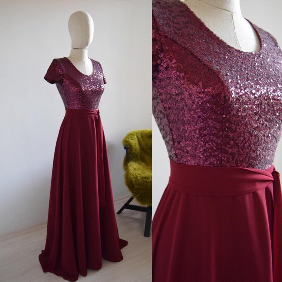 Chiffon With Top Sequin Burgundy Bridesmaid Dress Wedding Etsy