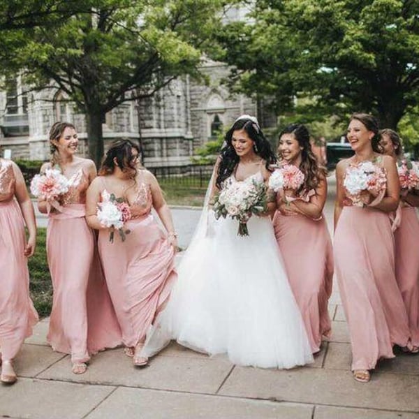 Charming Chiffon With Top Sequin Rose Gold Bridesmaid Dress Wedding Reception Sequin Pink Maid Of Honor Dress Wedding Guest Plus Size Dress