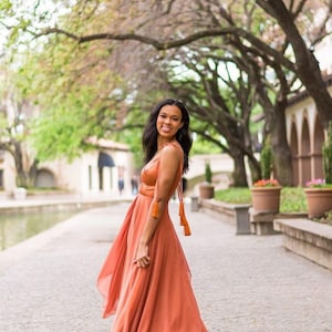 Satin Copper Bridesmaid Dress Silk Chiffon With Top Satin Burnt Orange Rust Full Length Asymmetric Bridal Party image 3