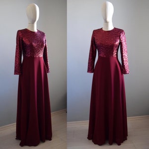 Burgundy Modest Bridesmaid Dress | Wine-red Long Sleeve Full Length Sequin Modest Bridal Party Wedding Dress | Mother Of Bride Classy Dress