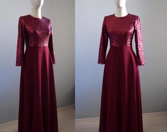 Burgundy Modest Bridesmaid Dress | Wine-red Long Sleeve Full Length Sequin Modest Bridal Party Wedding Dress | Mother Of Bride Classy Dress