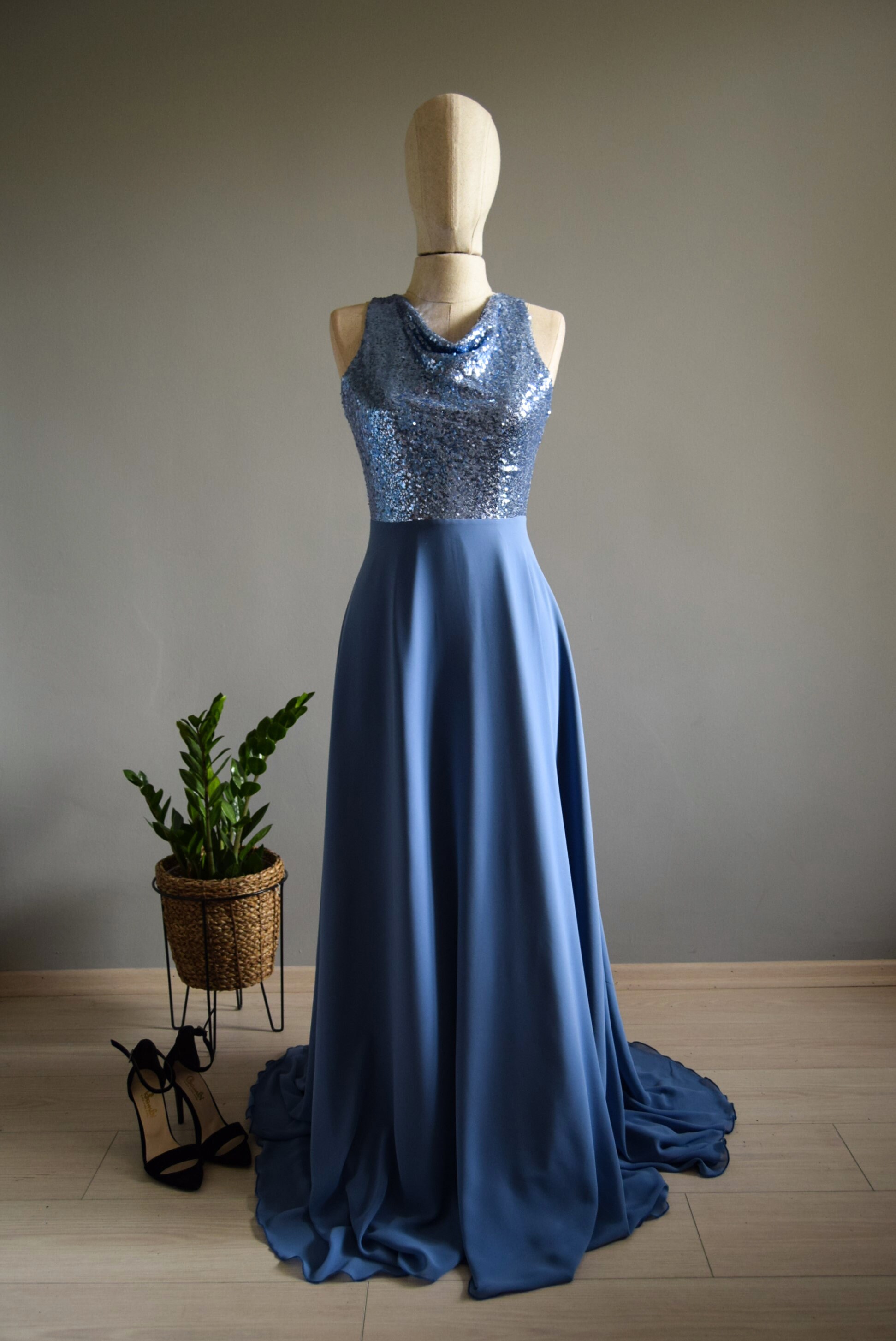 Made to Measure Cornflower Blue Silk Chiffon Top Sequin Cowl Neck Bridesmaid Maxi Dress Floor Length Sequin Maid of Honor Dress