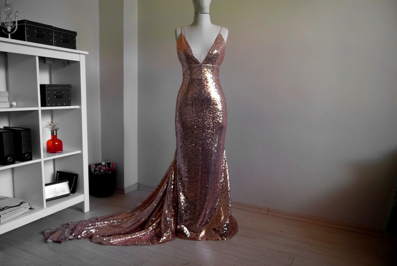 Pu&ograve; includere: Un abito da sera di paillettes color oro rosa con scollatura a V profonda e una lunga coda.