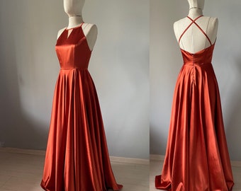 Satin Burnt Orange Bridesmaid Dress | Satin Bridal Party Maid Of Honor Dress | Satin Pumpkin Spice Rust Terracotta A-line Prom Dress