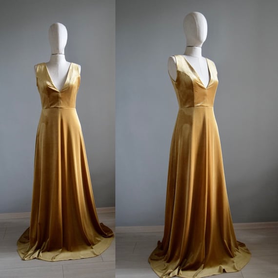 marigold velvet bridesmaid dress Bridesmaid Velvet Dress Marigold High Quality Fabric Dress Keyhole Back Maxi Gown With Train Wrap Neck Long Sleeve Dress Slit Above The Knee