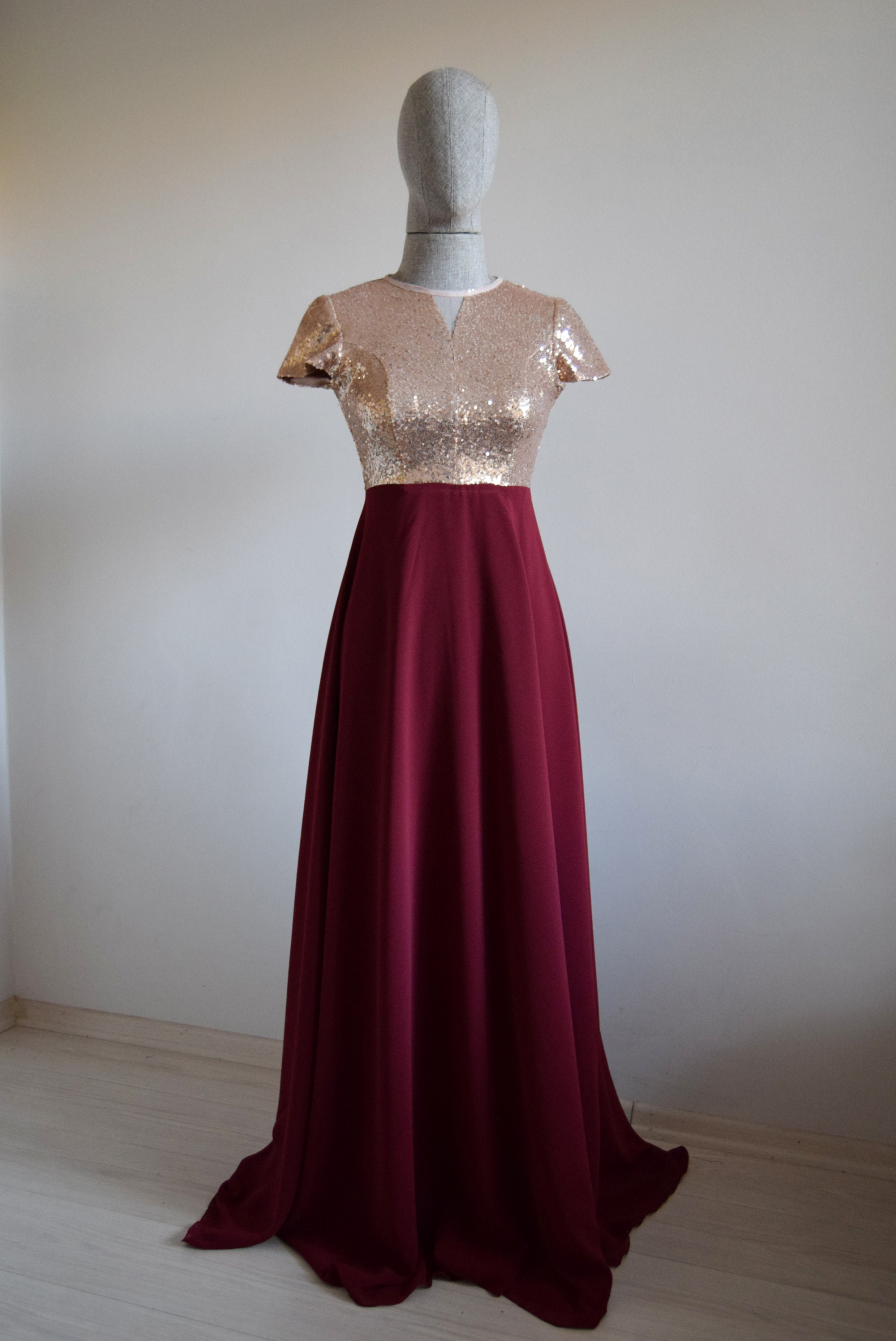 Made to Measure Maroon Chiffon With Top Sequin Rose Gold Bridesmaid Dress Floor Length Sequin Wedding Party Guest Dress Etsy