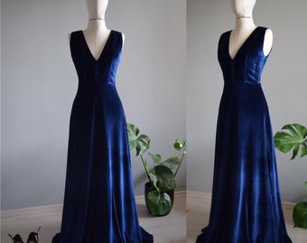 Made To Measure  Navy Blue Velvet Bridesmaid Dress Deep-V Open Back Wedding Party Dress | Mother Of Bride Velvet Wedding Guest Dress