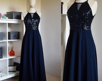 Custom Made Charming Chiffon With Top Sequin Navy Blue Bridesmaid Dress, Sleeveless Full Length Sequin Evening Prom Dress, Wedding Party