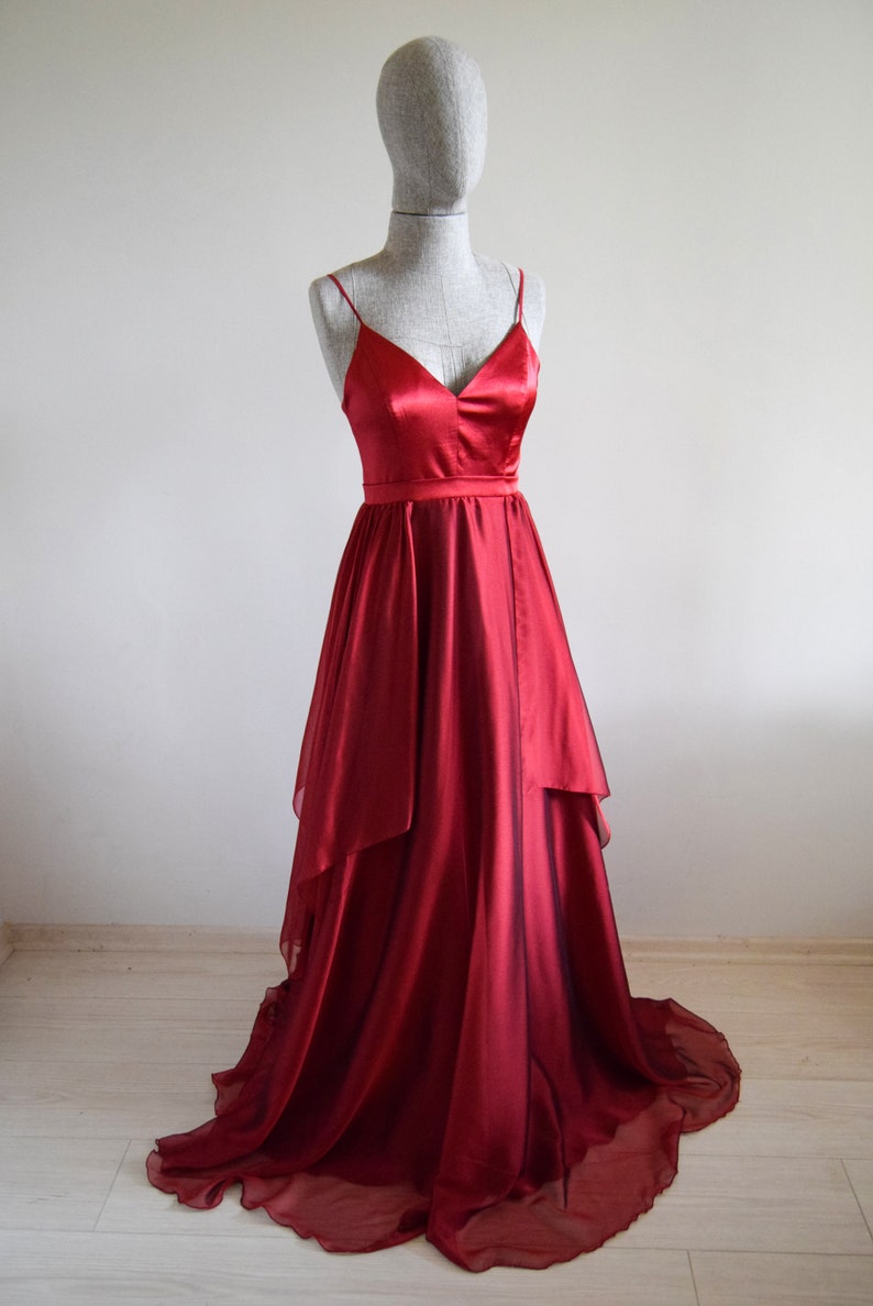 Fairy-tail Silk Chiffon Crimson Maxi Dress in Spaghetti - Etsy