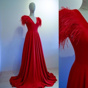 PDS Fashion Red Feathers One Shoulder Open Fork Elegant Dress