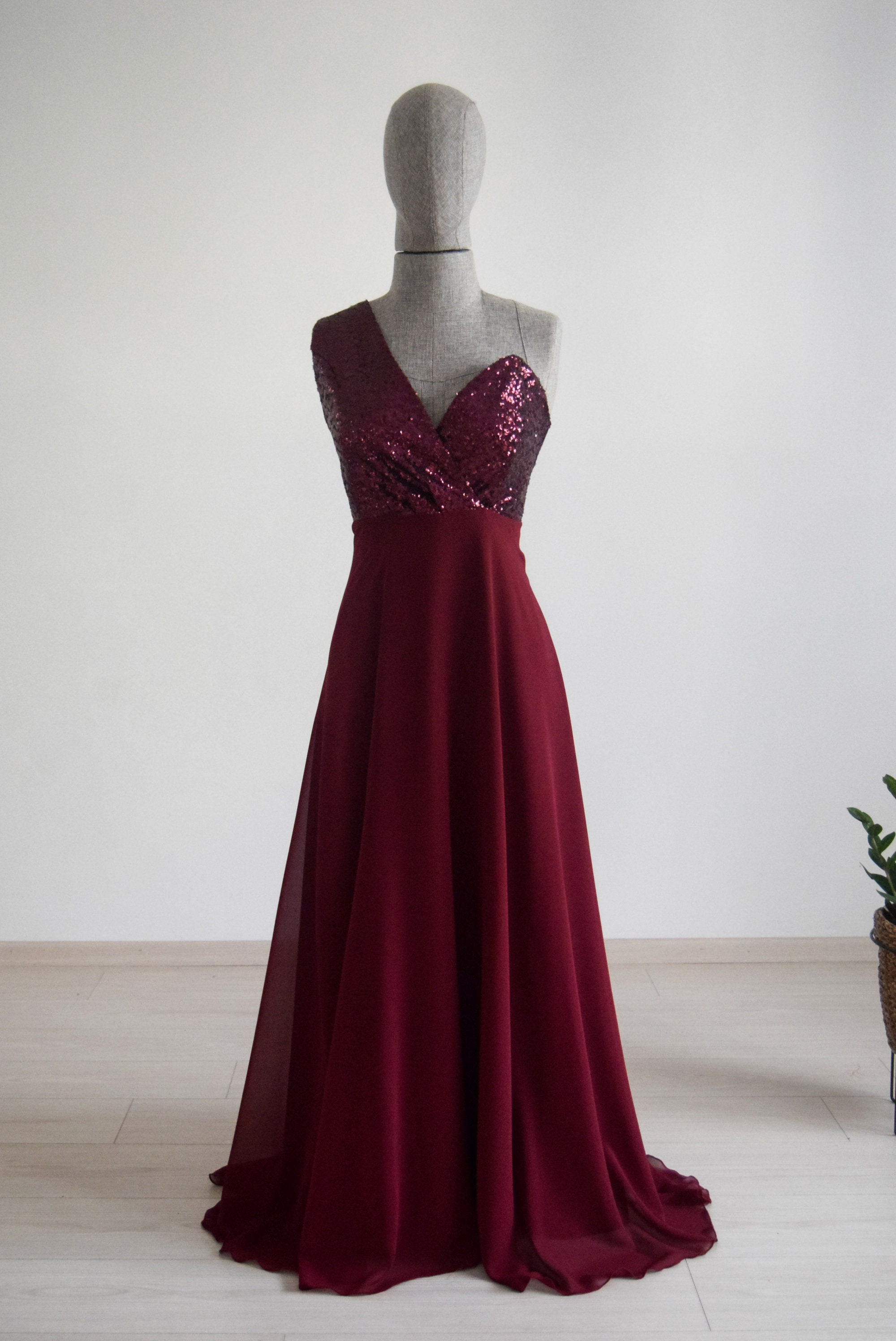 Silk With Top Burgundy Sequin OneShoulder Etsy