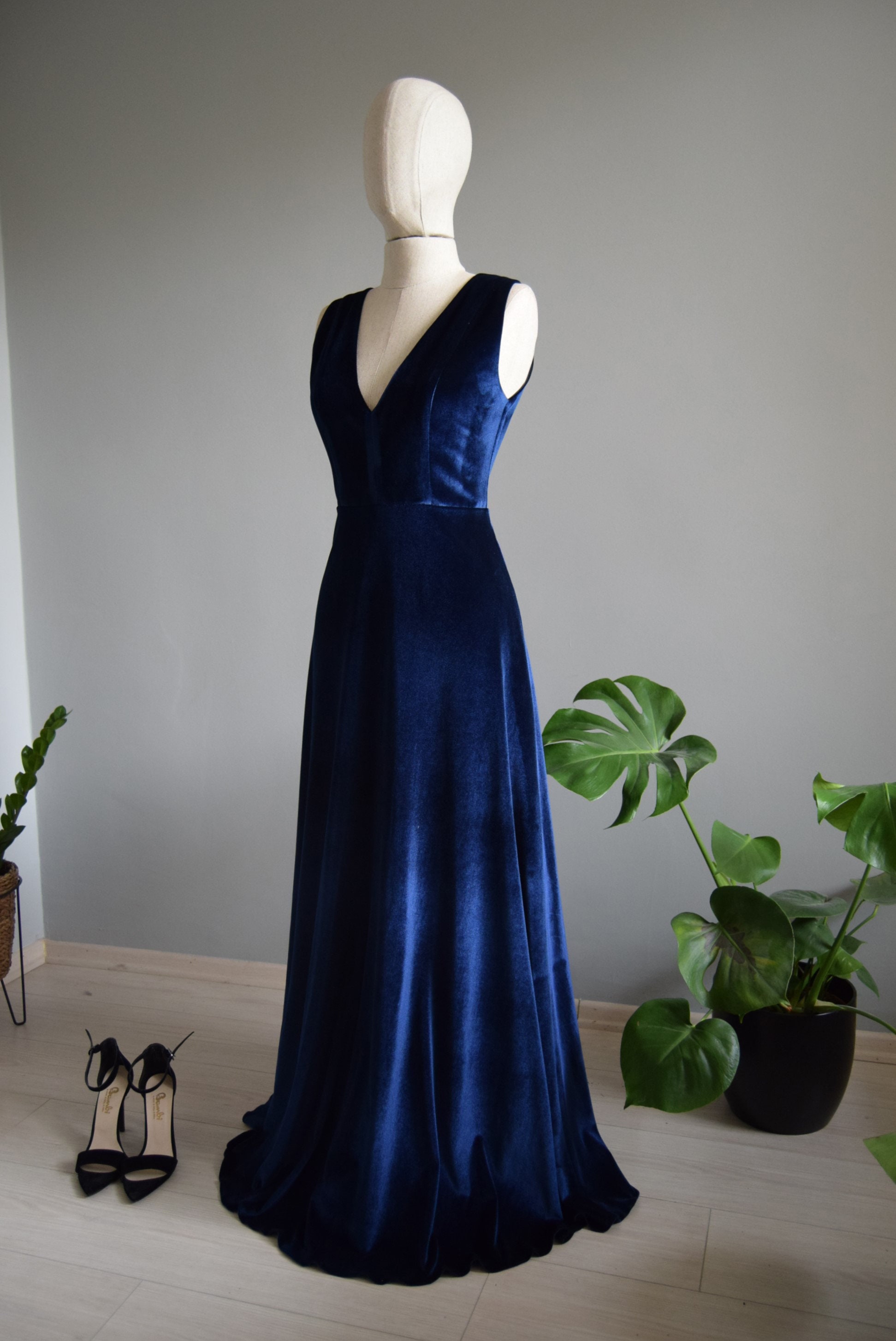 Made to Measure Blue Velvet Bridesmaid Dress: Deep V Open Back