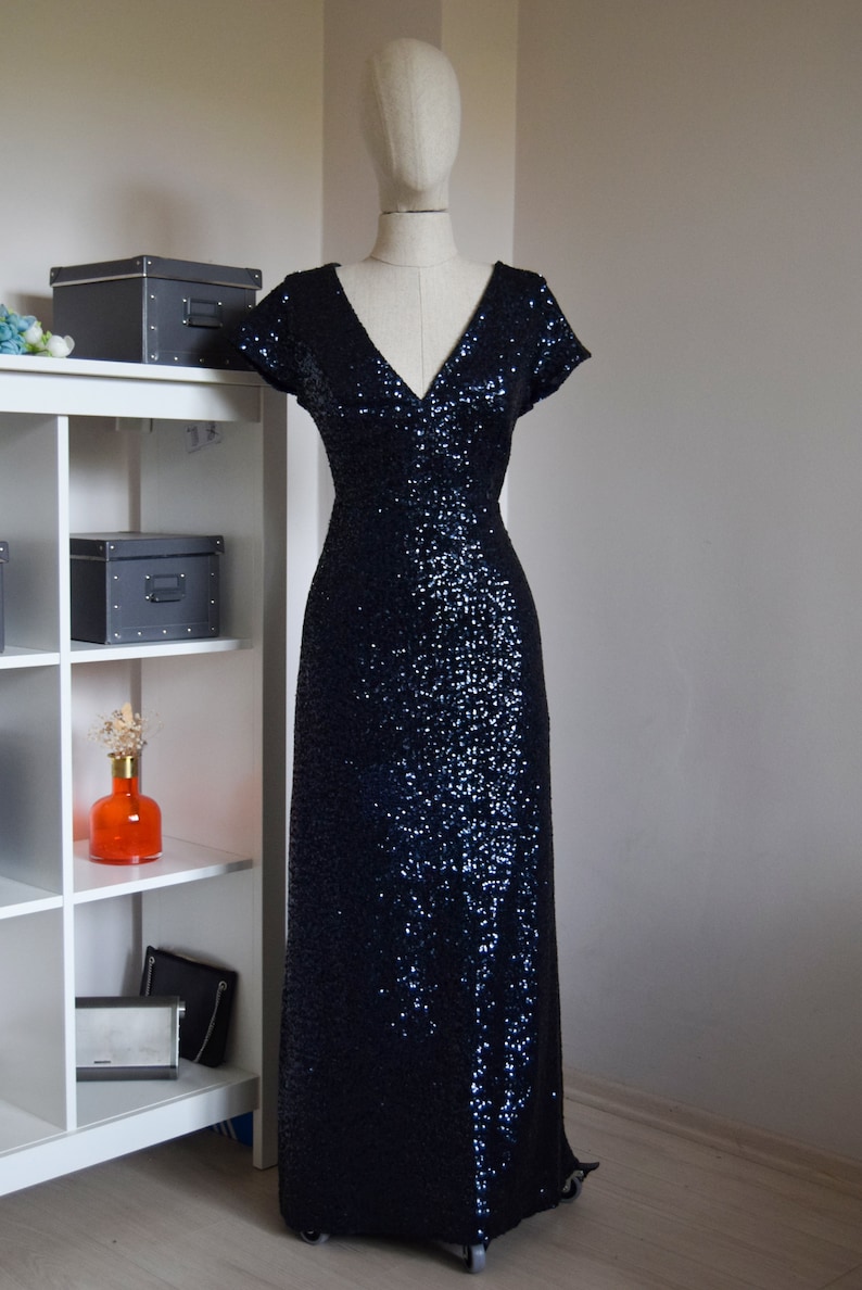 Made To Measure Full Sequin Navy Blue Bridesmaid Dress Wedding Reception Flattering Sparkle Bridal Guest Dress Mother Of Bride Dress image 2