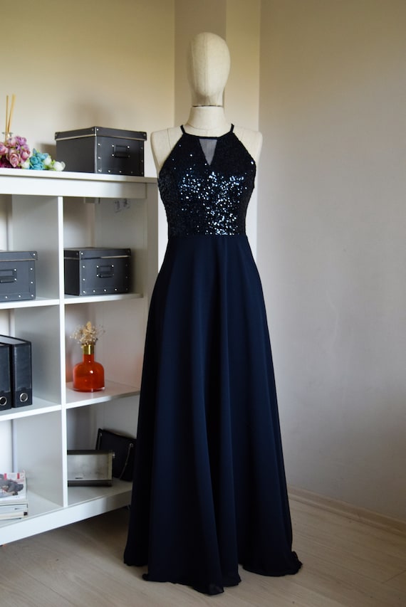 Charming Chiffon With Top Sequin Navy Blue Bridesmaid Dress Handmade Sleeveless Full Length Sequin Evening Prom Dress Wedding Party Etsy UK