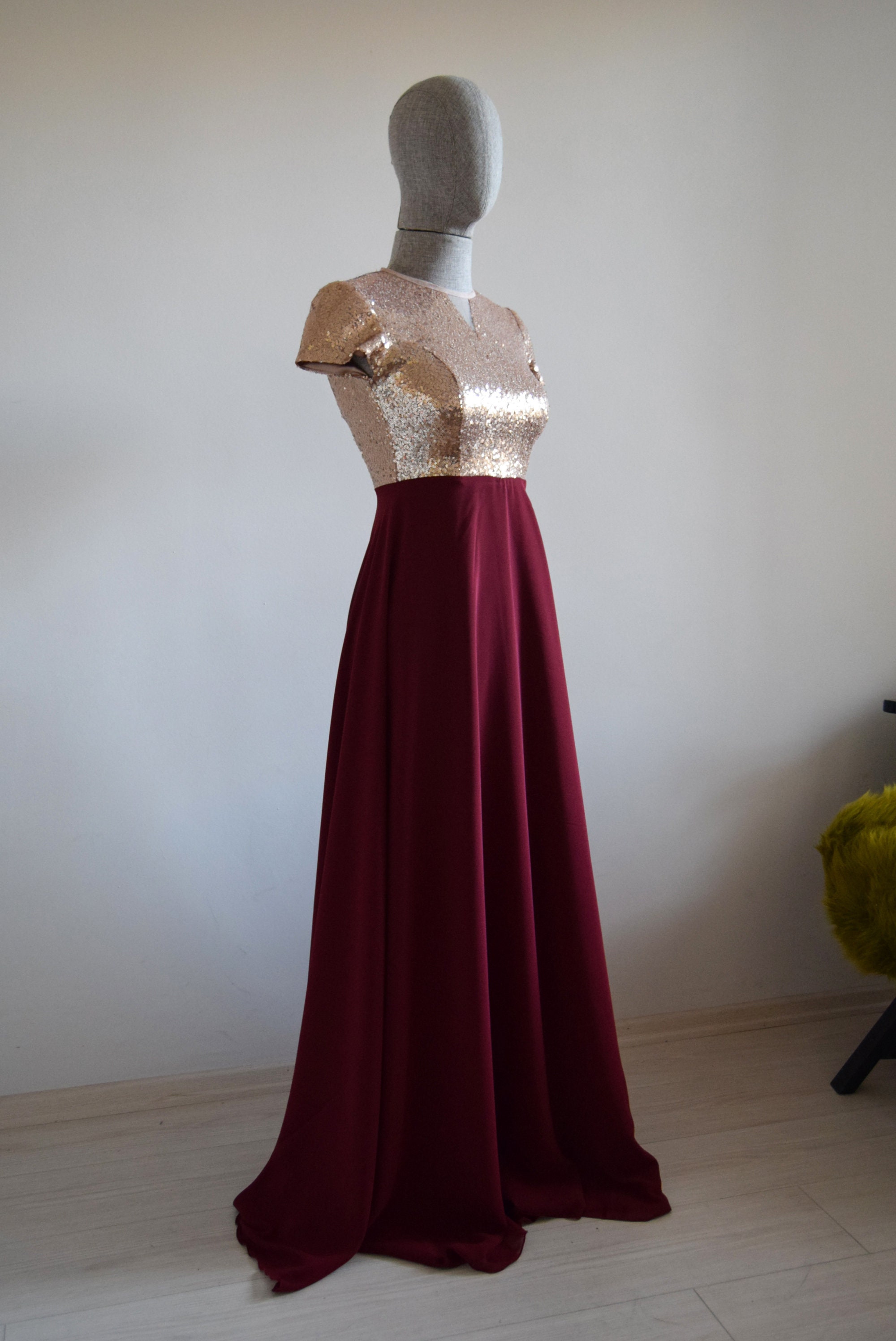 Burgundy Gold Sequin Wedding Dresses 66991 High Neck, Long Tail – Viniodress