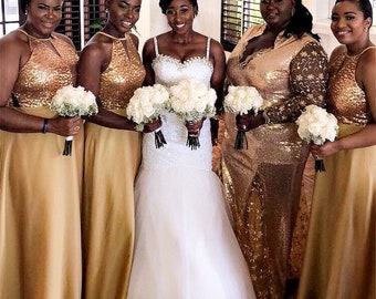 Handmade Sequin Gold Bridesmaid Dress Long Sequin Sparkly Maid Of Honor Dress